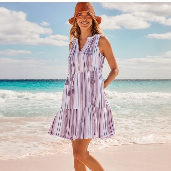 Tommy Bahama Mykonos Stripe Tiered Coverup Dress Coral Multicolor Size Small NWT - Picture 1 of 11